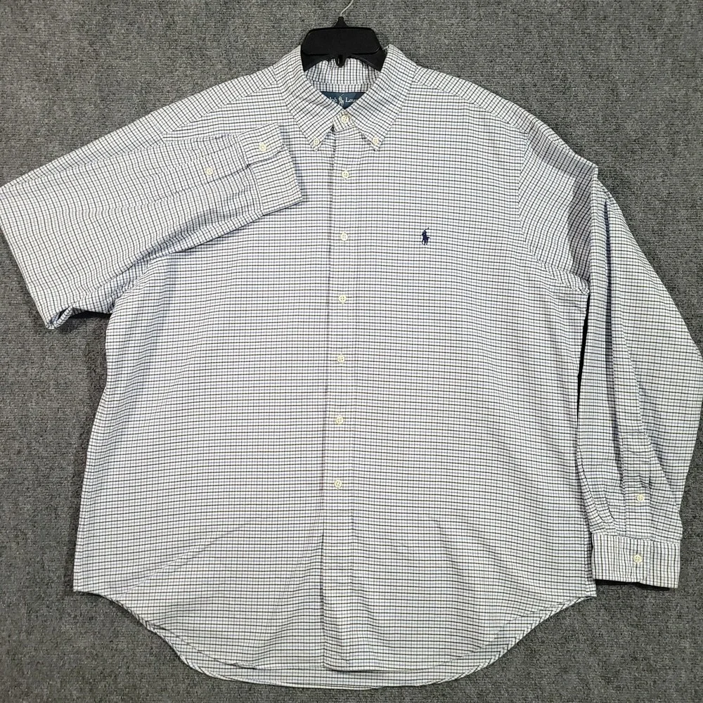 Vintage Polo‎ Ralph Lauren Button Up Shirt Mens XXL Oxford Classic Fit Blue Grid